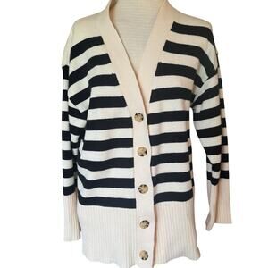 Magaschoni Womens Sz M Cream & Black Cardigan Buttons V-neck Chunky Knit Preppy